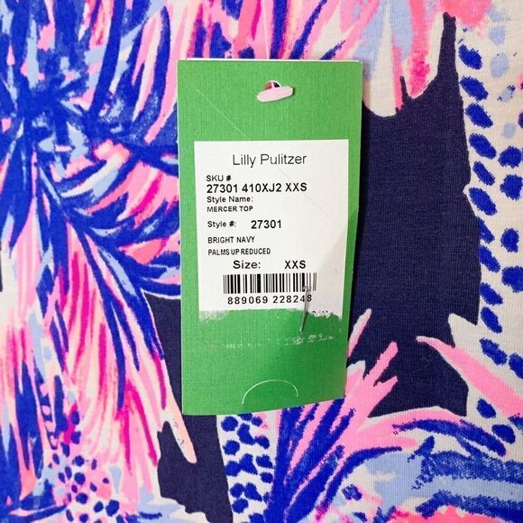 Lilly Pulitzer Mercer Top in Bright Navy Palms Up Reduced Tassel Blue Pink - XXS - Picture 6 of 12